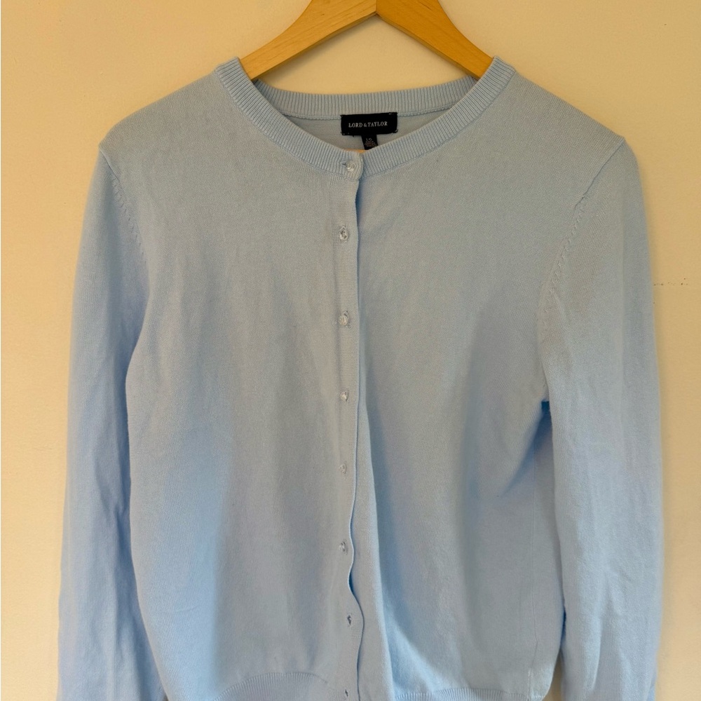 Lord & Taylor Light Blue Crewneck Button Cardigan Sweater Preppy Size L